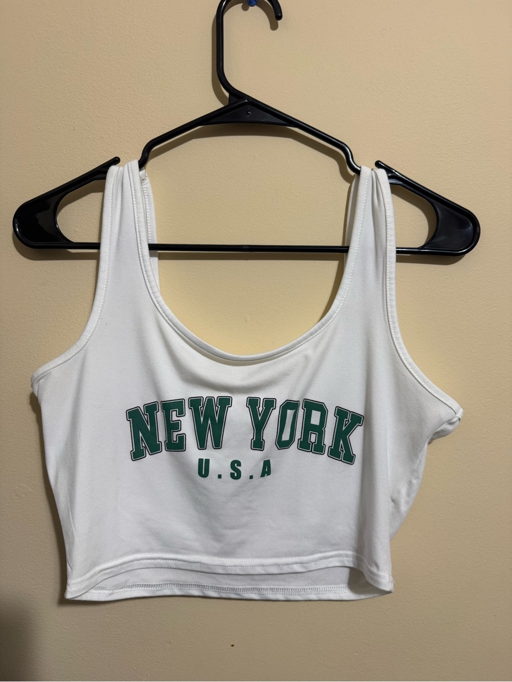SHEIN White Crop Tank with Green 'New York U.S.A.' Print